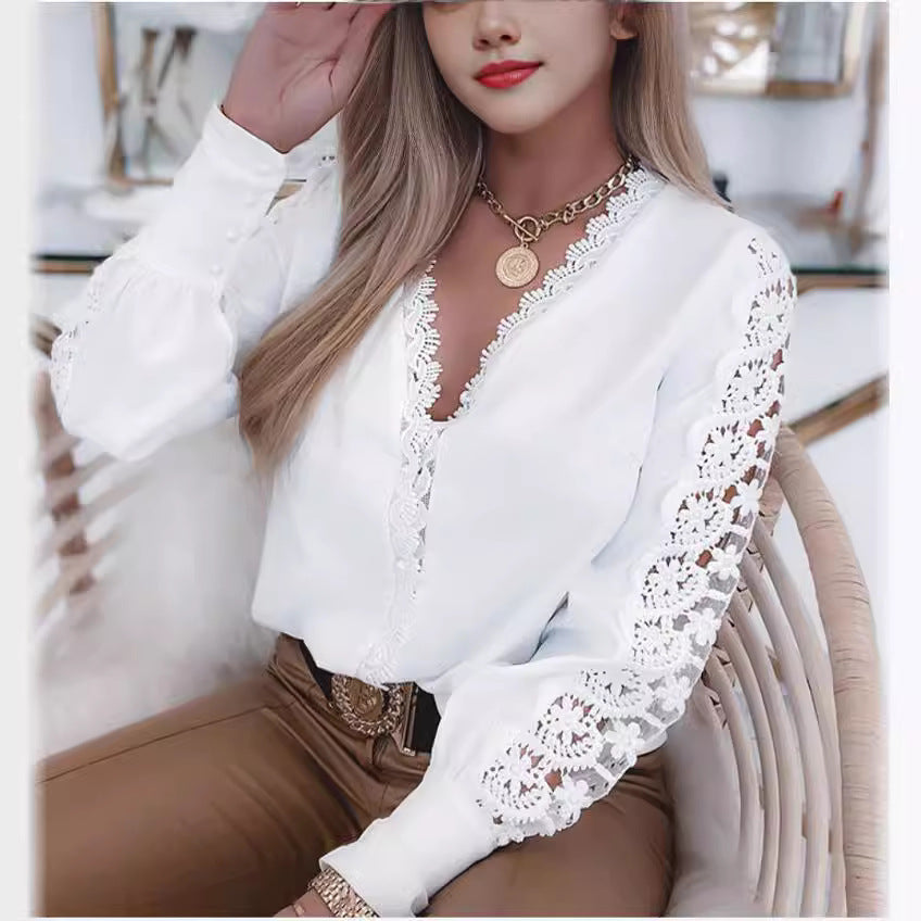 Elegant blouse for women with lace embellishments and V-neck Lune London