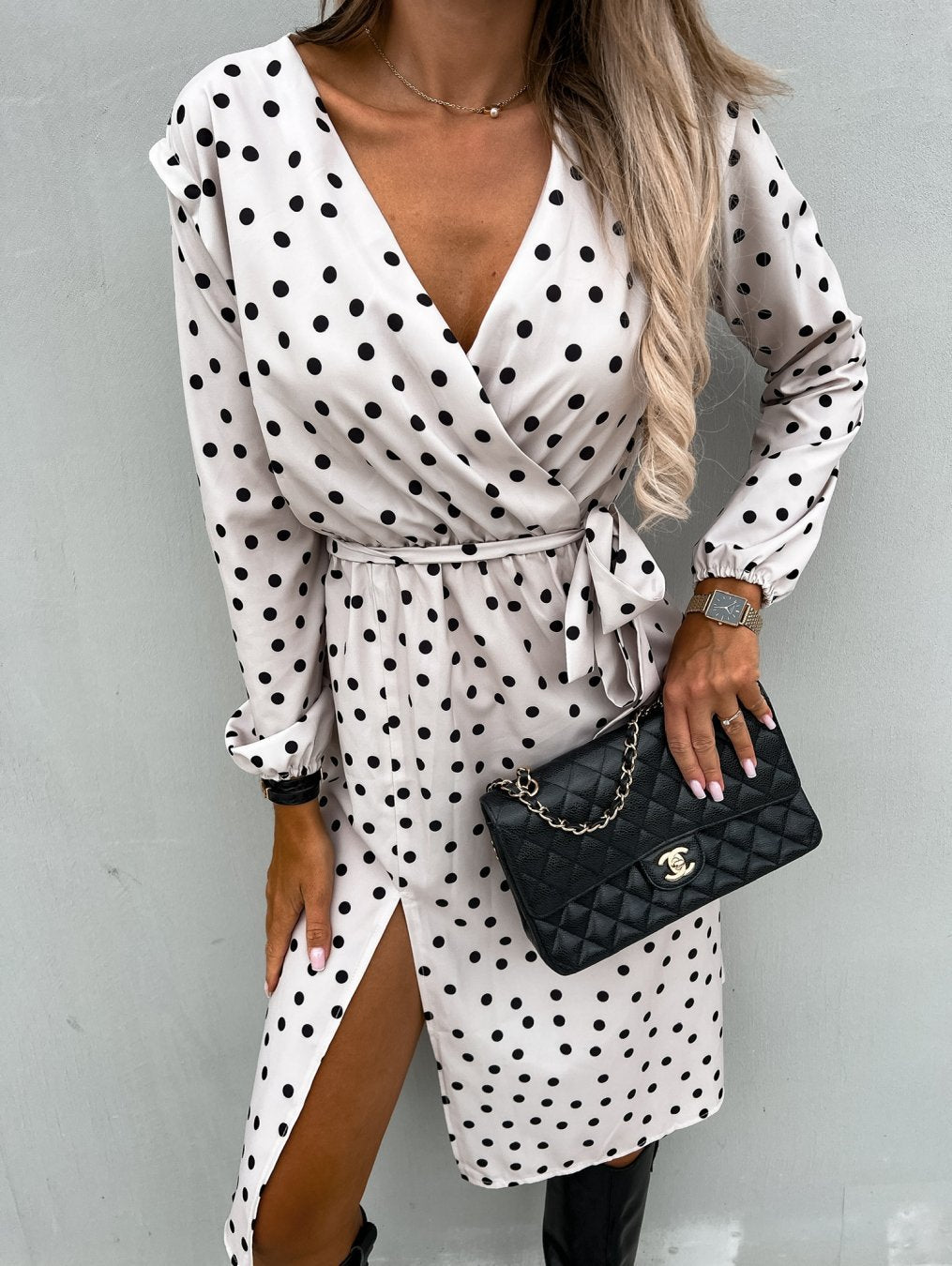 Polka dot wrap dress for women with a high slit Lune London