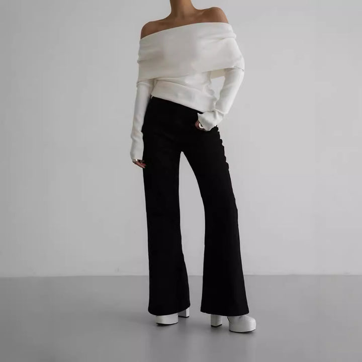 Ladies Elegant deep neckline top with smooth texture and flared sleeves Lune London