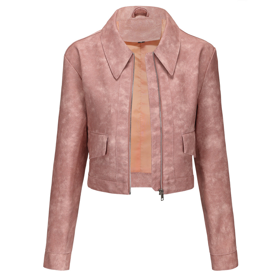 Trendy cropped synthetic leather jacket for women with classic wave collar Lune London