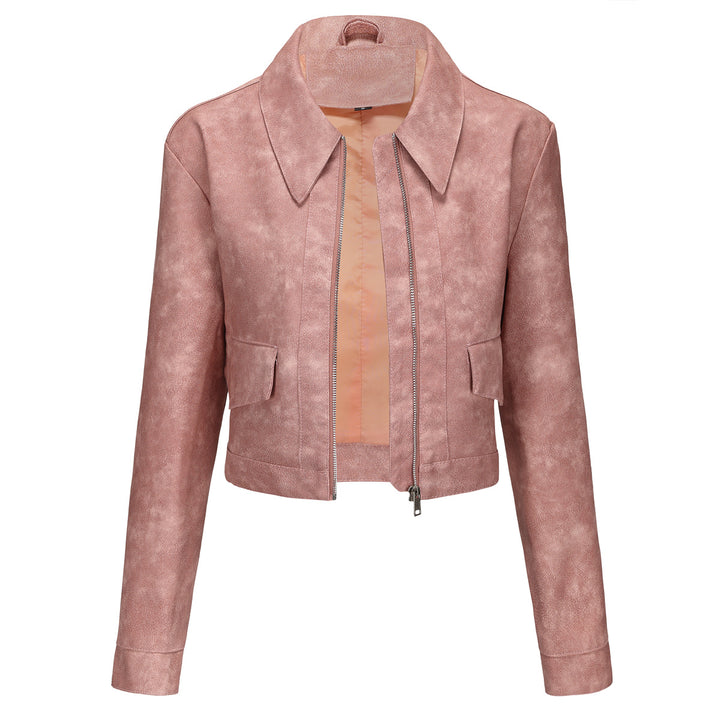 Trendy cropped synthetic leather jacket for women with classic wave collar Lune London