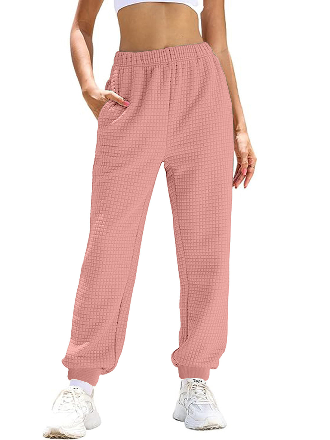Women Comfortable Waffle Texture Sweatpants with Elastic Waist and Side Pockets Lune London