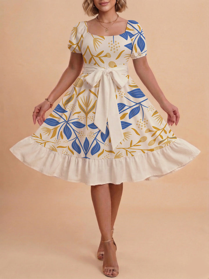 Women A-line dress with floral motifs and adjustable belt Lune London