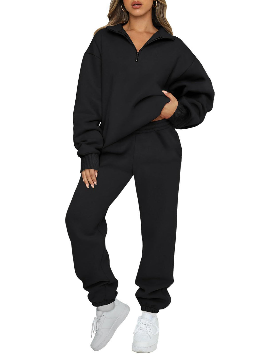 Women's comfortable sweatpants set with modern stand-up collar and kangaroo pocket Lune London