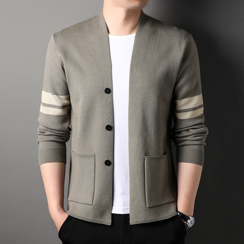 Trendy knit jacket for men with stylish contrasting stripes and practical pockets Lune London