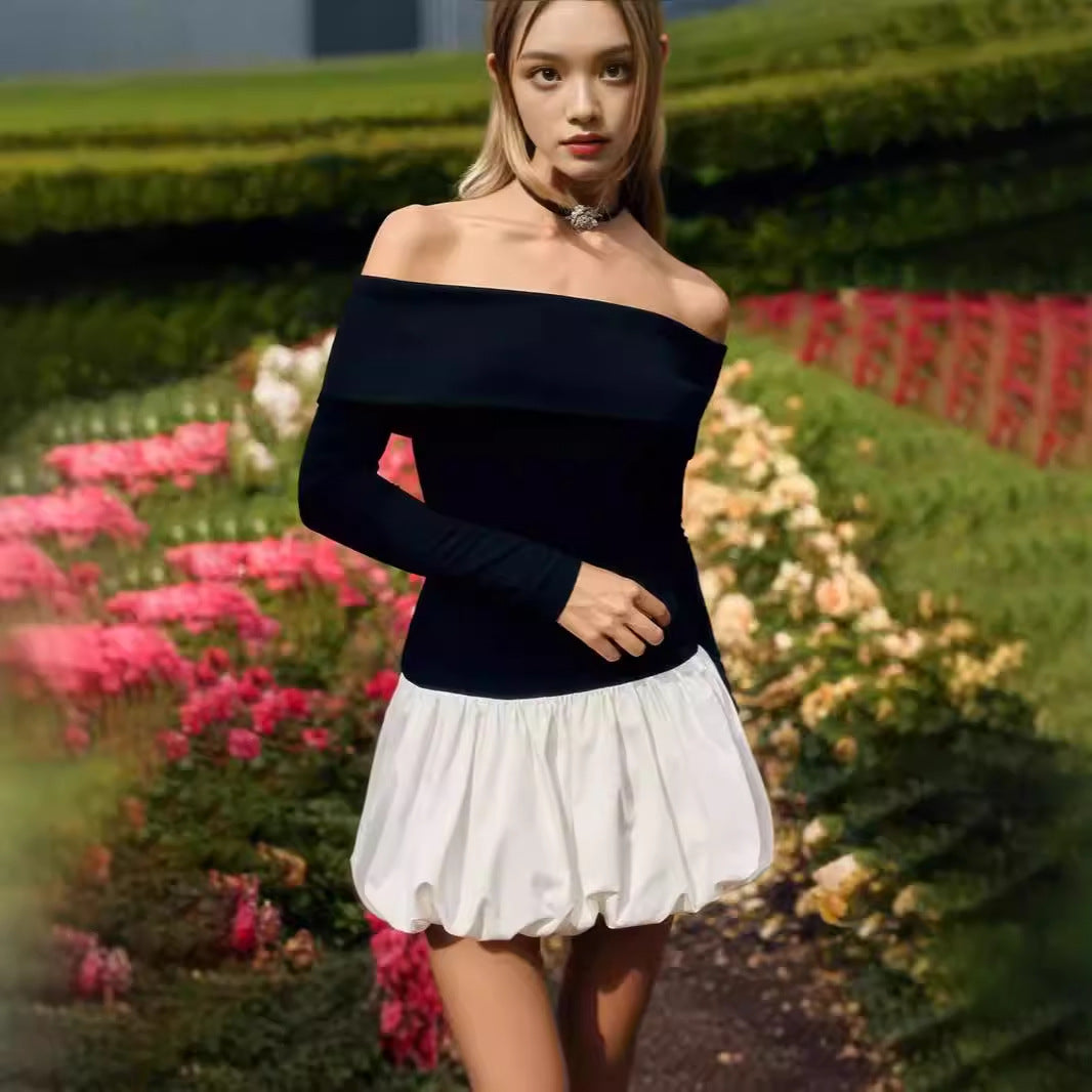 Mini Off-Shoulder Dresses for Women with Long Sleeves and Elegant Chic Ruffled Hem