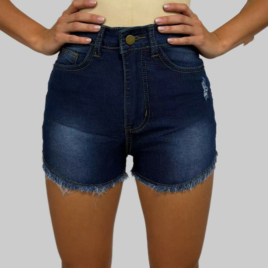 Women's High-Cut Denim Shorts in Trendy Fringe Look Lune London