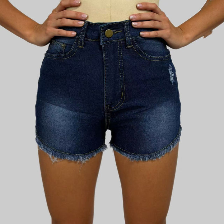 Women's High-Cut Denim Shorts in Trendy Fringe Look Lune London