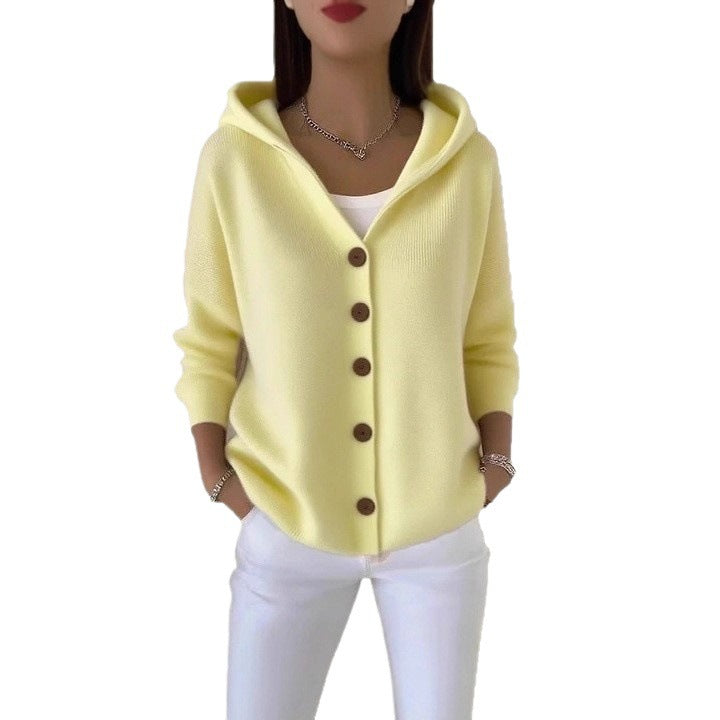 Knitted hooded jacket for ladies with practical button details and a relaxed fit Lune London