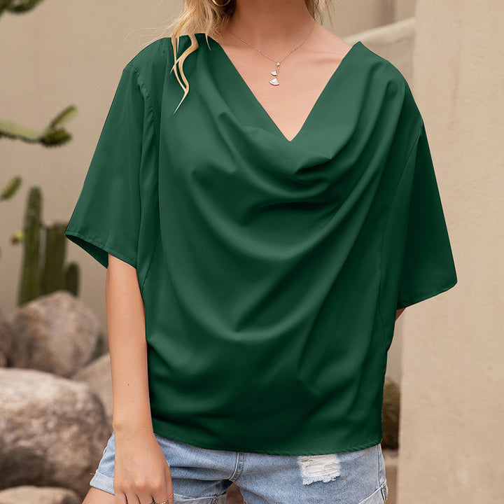 Chic V Neck Decorative Blouse for Women with Asymmetrical Hem