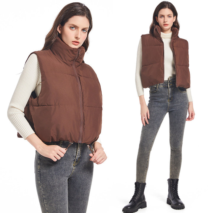 Ladies sleeveless down jacket with high collar and adjustable drawstring waist Lune London