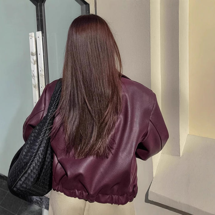 Women’s faux leather jacket with oversized design and high collar Lune London