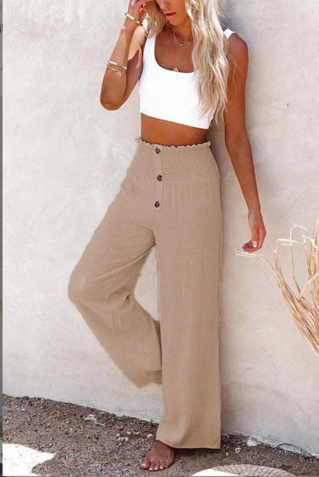 Lune London Women's Wide Palazzo Pants with Button Detail and Elastic Waist