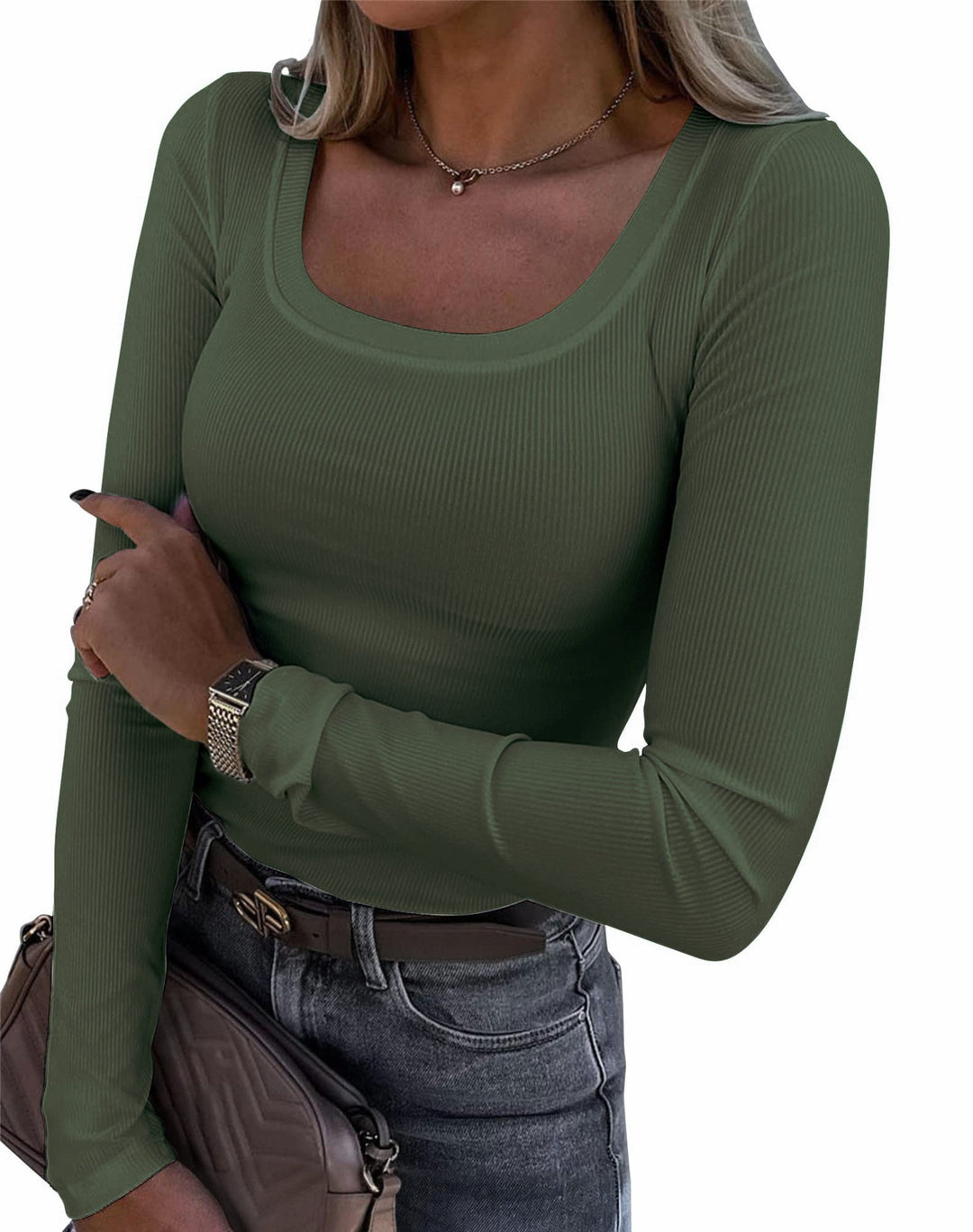 Women’s Long Sleeve Ribbed T-Shirt with Elegant Boat Neck Lune London