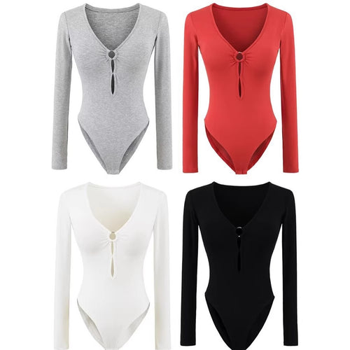 Long sleeve women's body with elegant V-neck and decorative ring detail Lune London