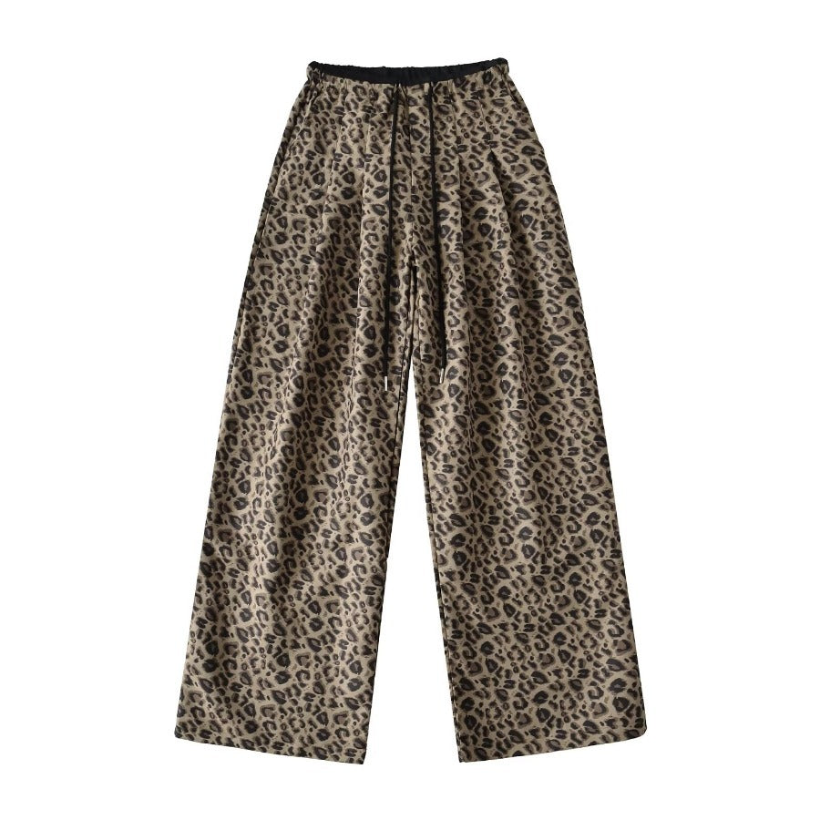 Trendy leopard wide-leg pants for women with elastic waistband and tie belt Lune London