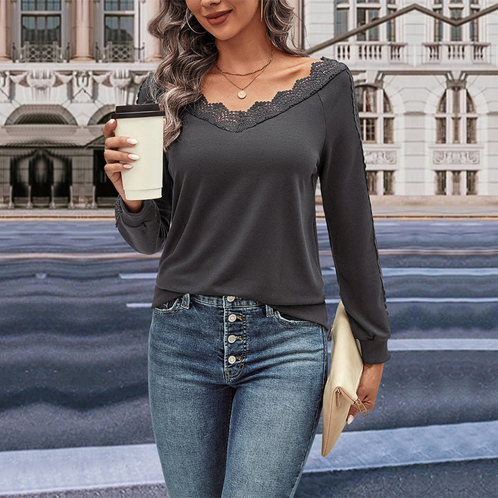 Women's long sleeve blouse with lace decorations and V-neck Lune London