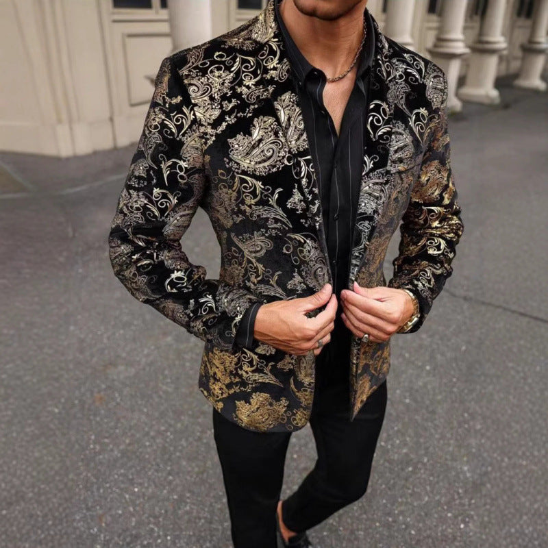 Men's elegant velvet blazer with floral design and shiny accents Lune London