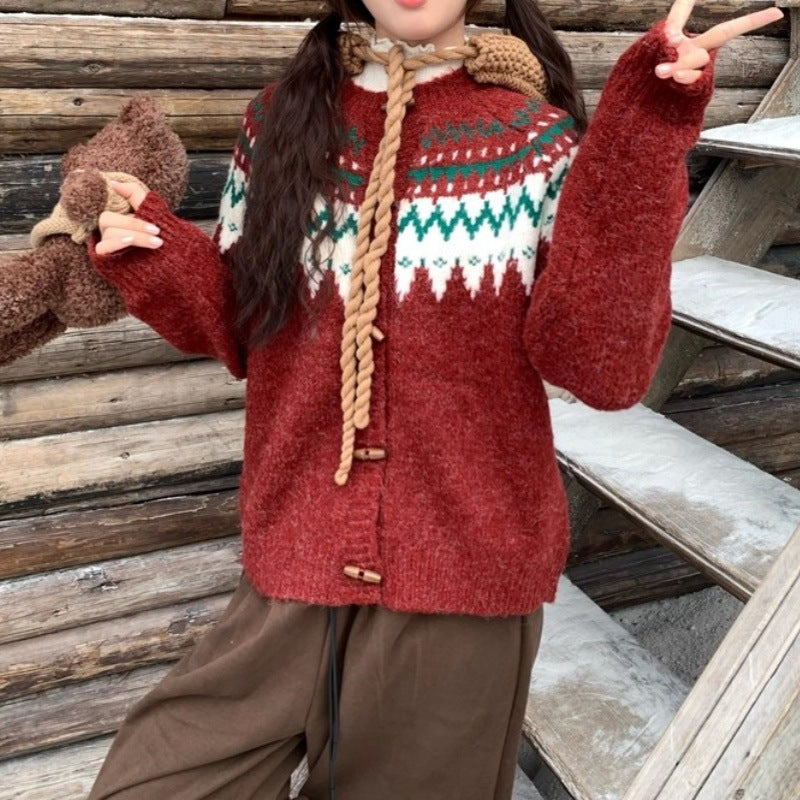 Pull en tricot confortable pour femmes avec motif norvégien traditionnel et capuche Chic & Stil