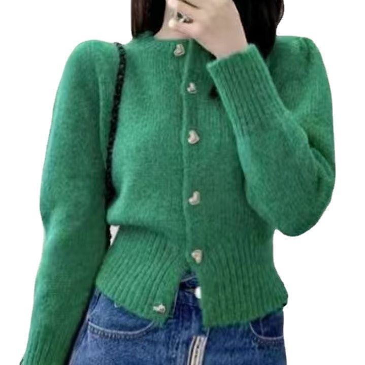 Knitted jacket for women with heart-shaped buttons and fine ribbed texture Lune London
