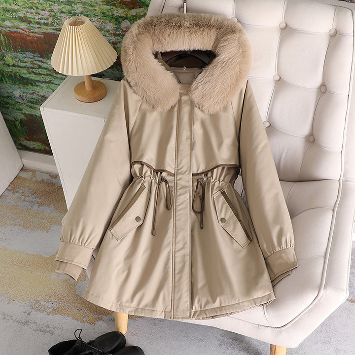 Lune London fashionable women's transition jacket with removable faux fur collar and drawstring waist
