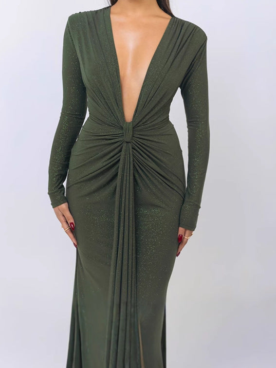Ladies Elegant Wrap Dress with Deep V-Neck and Chic Fitted Design