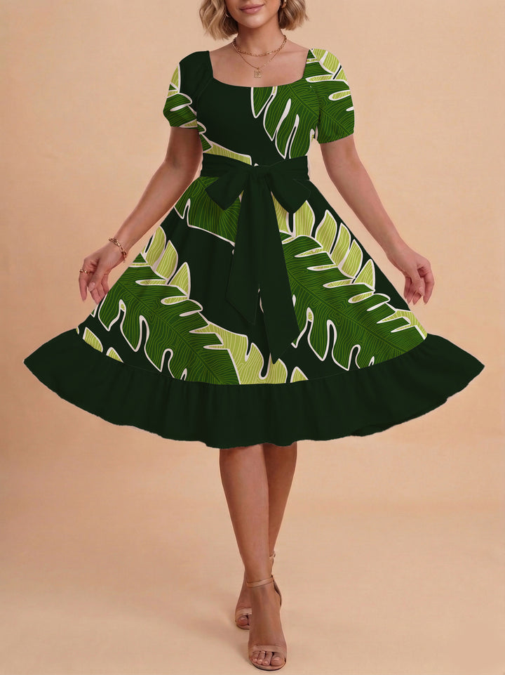 Women A-line dress with floral motifs and adjustable belt Lune London