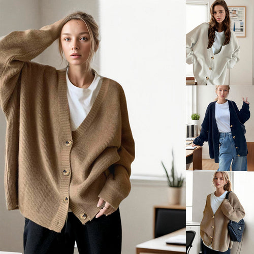 Ladies' oversized knit cardigan with deep V-neck and large buttons Lune London