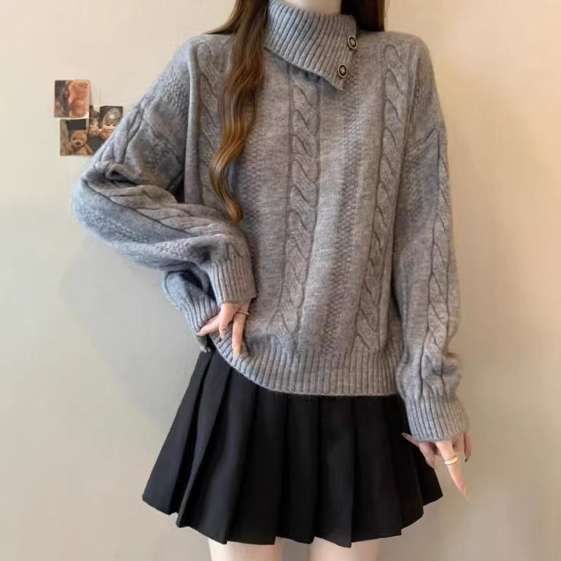Sweater en tricot épais pour femmes avec col montant et détails en boutons Chic & Stil