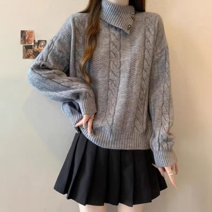 Sweater en tricot épais pour femmes avec col montant et détails en boutons Chic & Stil