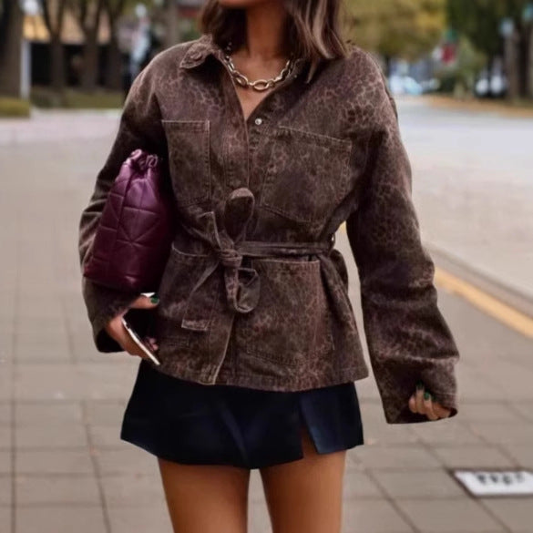 Women's denim jacket with flexible belted waist and animal print Lune London