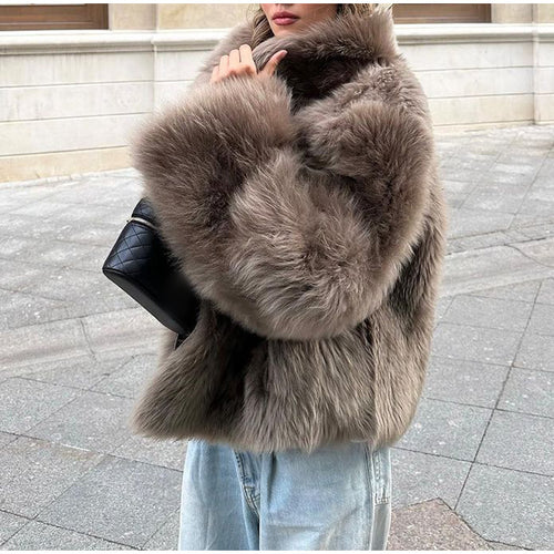 Ladies Faux Fur Jacket with Voluminous Collar Lune London