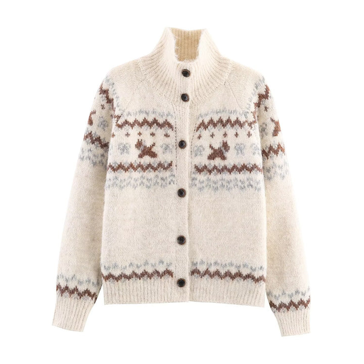 Knitted jacket for women with Norwegian pattern and high collar Lune London