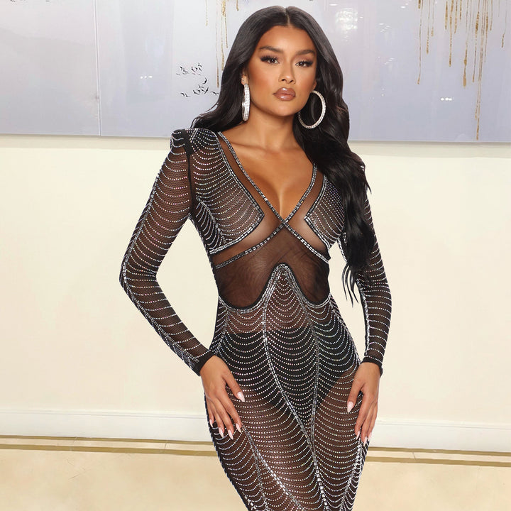 Women Glossy Mesh Maxi Dress Lune London