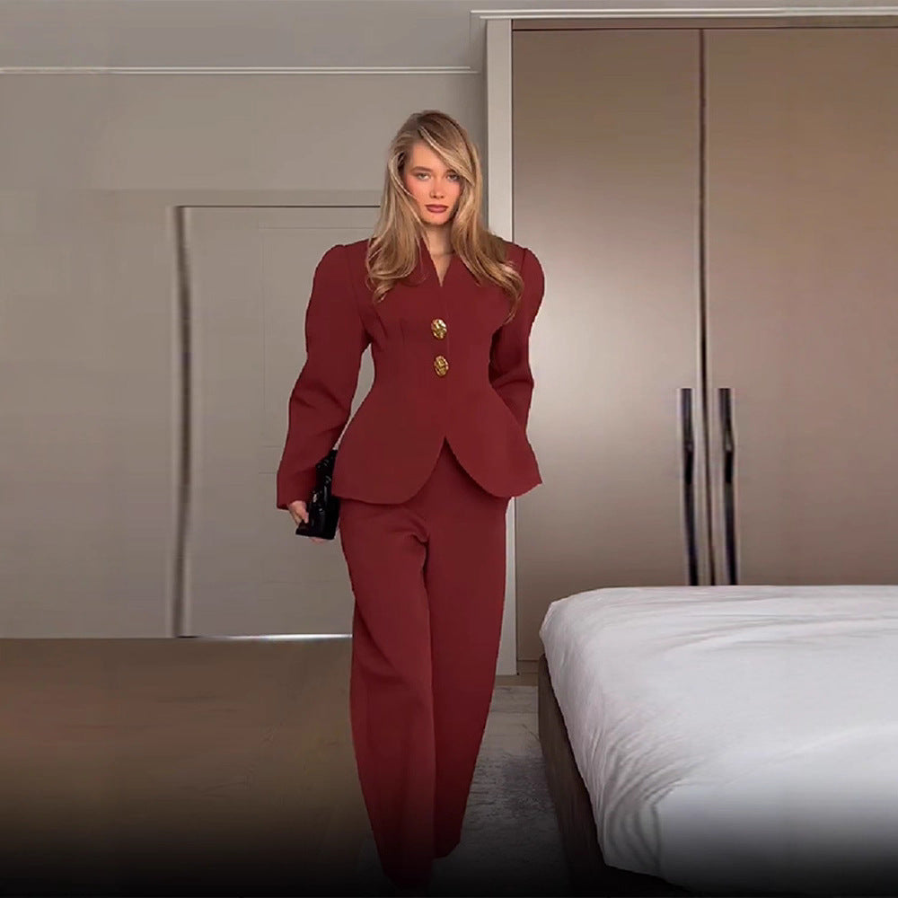 Ensemble Blazer et Pantalon Élegant pour Femmes avec Boutons en Or Chic & Stil