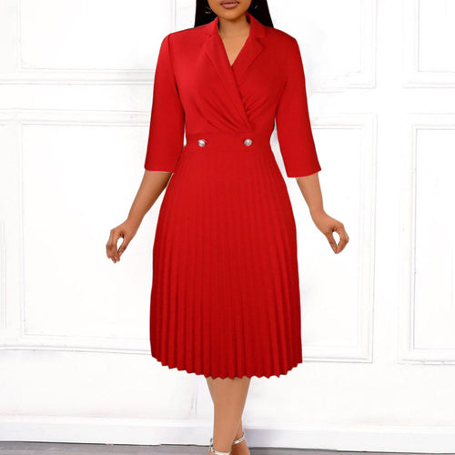 Elegant women's wrap dress with pleated design and chic office collar.