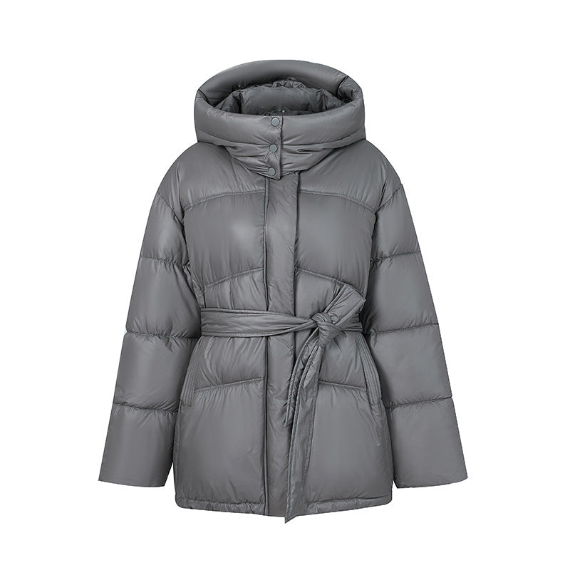 Quilted winter coat fashion for women with belt and hood Lune London