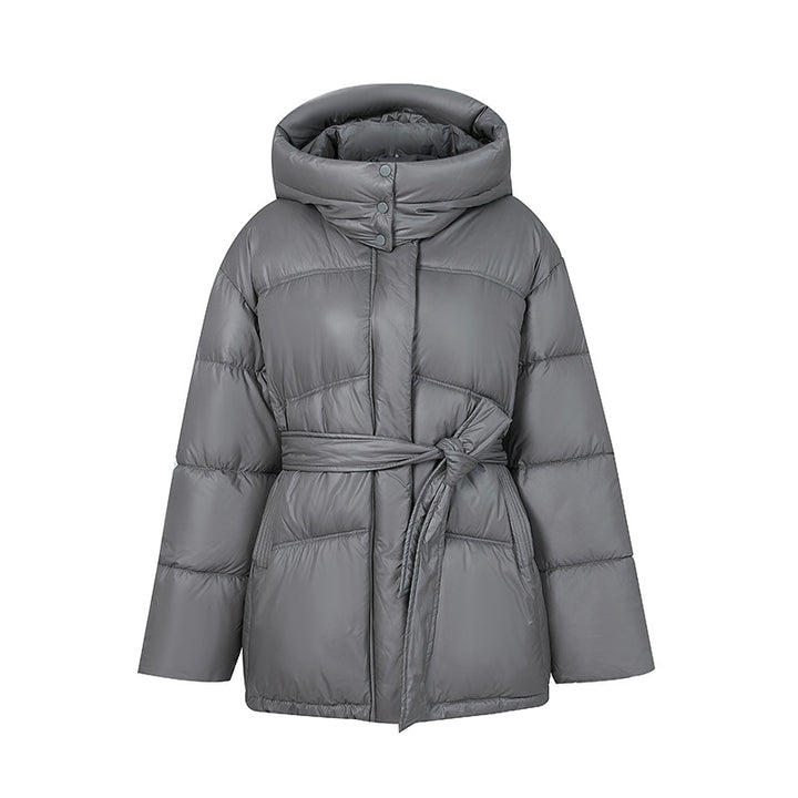 Quilted winter coat fashion for women with belt and hood Lune London