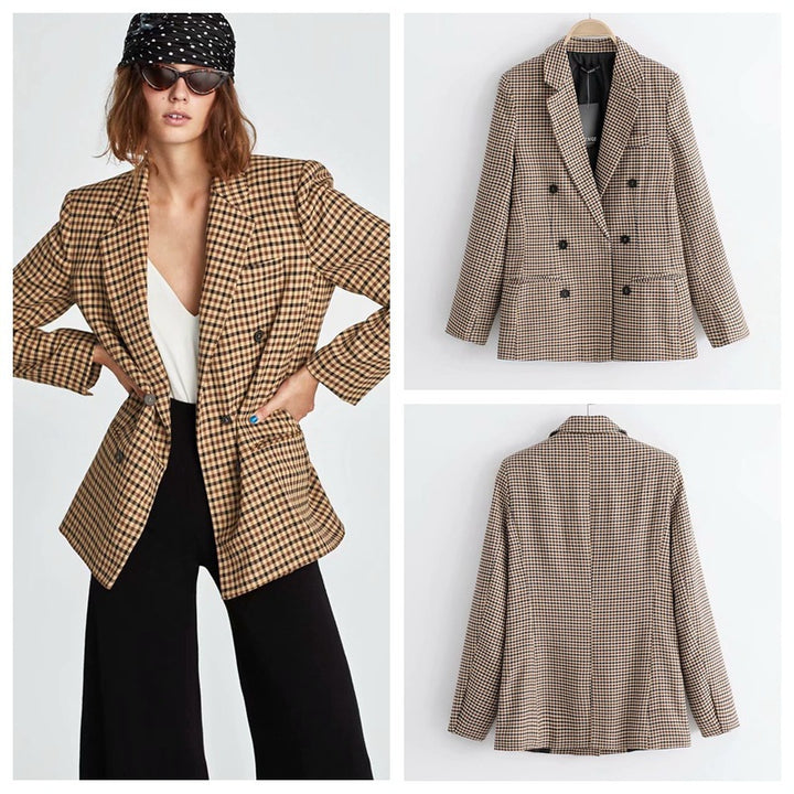Lune London double-breasted blazer for women with plaid pattern