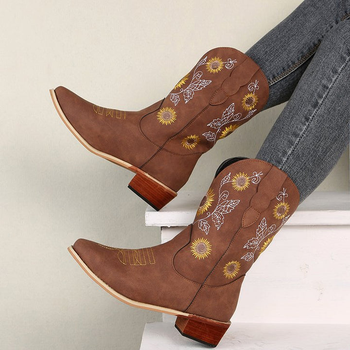Women's cowboy boots with embroidered floral design and sturdy block heel Lune London