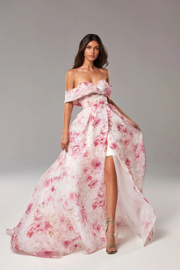 Women's maxi dress with off-shoulder design and floral patterns Lune London