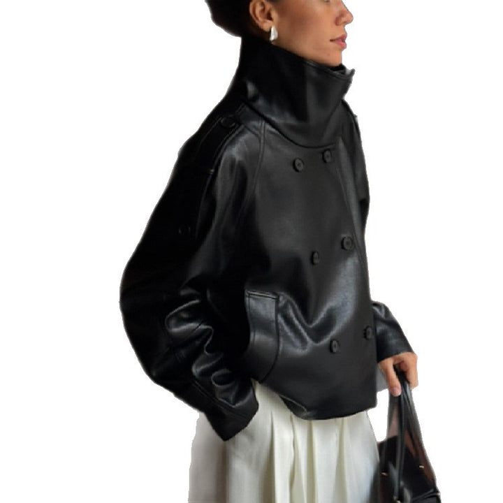 Plus size synthetic leather jacket for women with asymmetric lapels Lune London