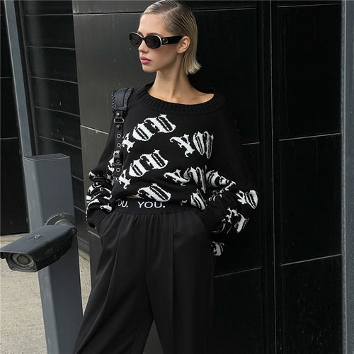 Casual knit sweater for women with a modern inscription and a loose fit Lune London