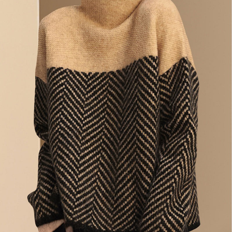 Pull en tricot épais pour femmes avec col haut et motif chevron moderne Chic & Stil