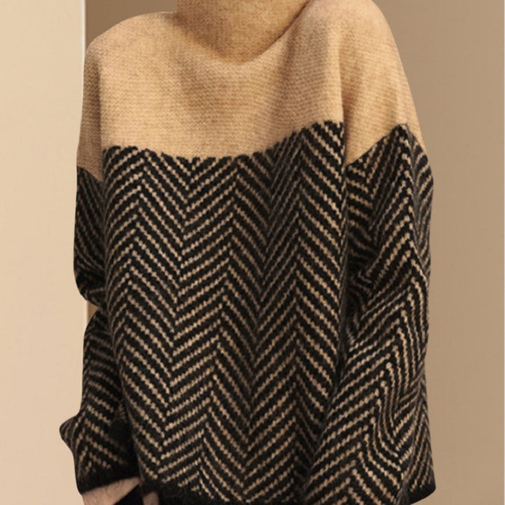 Pull en tricot épais pour femmes avec col haut et motif chevron moderne Chic & Stil