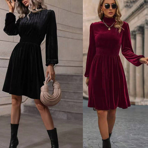 Women Velvet Dress with High Neck Design and Elegant Long Sleeves Lune London
