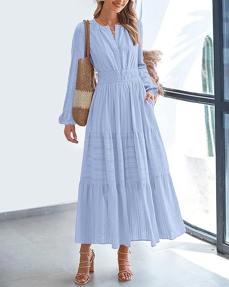 Maxi dress for women with elegant sleeves and refined elastic at the waist Lune London