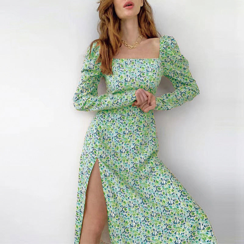 Maxi flower dress for women with asymmetrical slit and puff sleeves Lune London