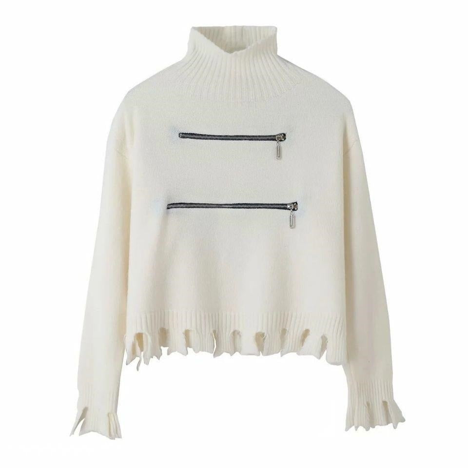 Women's Stylish Funnel Neck Sweater with Two Asymmetric Zip Pockets and Fringed Hem Lune London