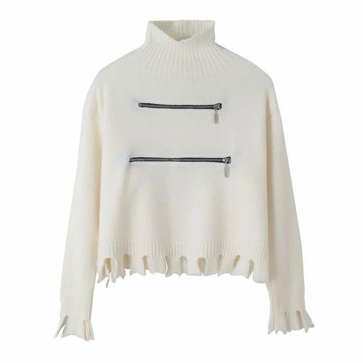 Women's Stylish Funnel Neck Sweater with Two Asymmetric Zip Pockets and Fringed Hem Lune London